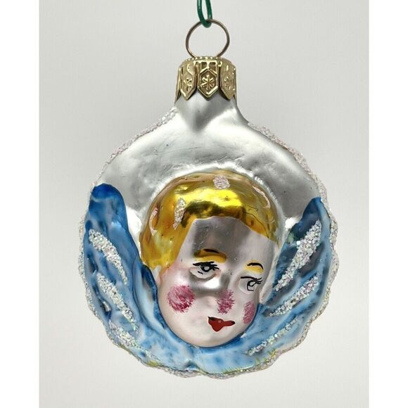Vintage Cherub Angel Baby Face Round Christmas Ornament Glass Glitter 2.5” (A) - Picture 1 of 4